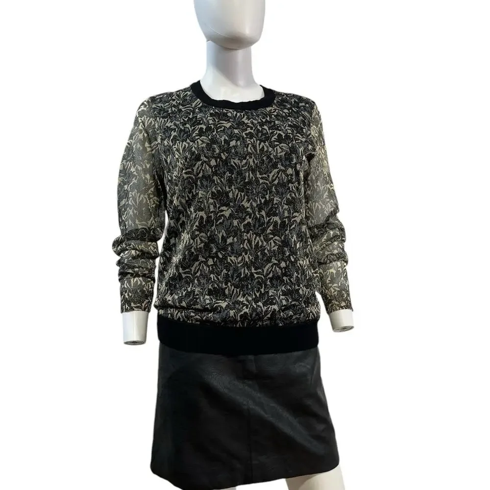 Tory Burch Black Gold Shimmer Sheer Sleeve Pullover Sweater Size M